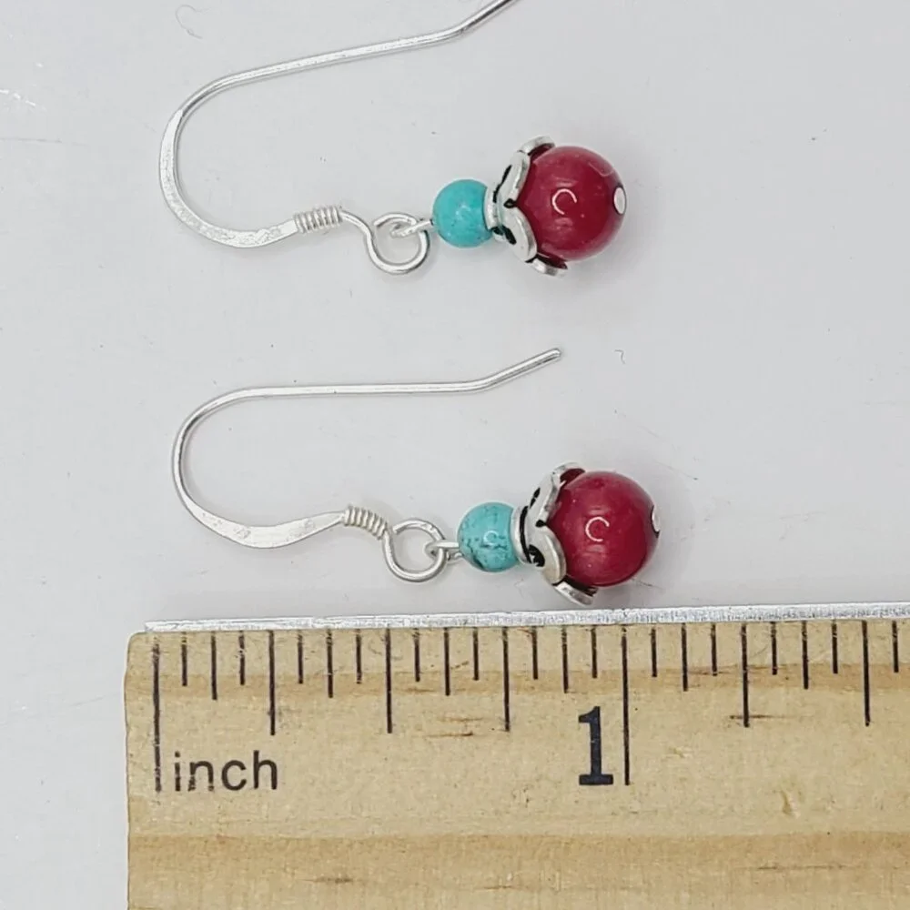 Vtg Southwestern Sterling Silver Turquoise & Coral Earrings 925 Hook Earrings - Picture 6 of 7